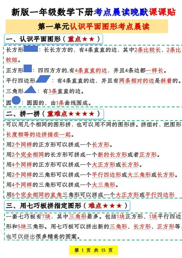 【2026春15页完整版】《晨读晚默课课贴》（1下）.pdf-优学中小学教辅网