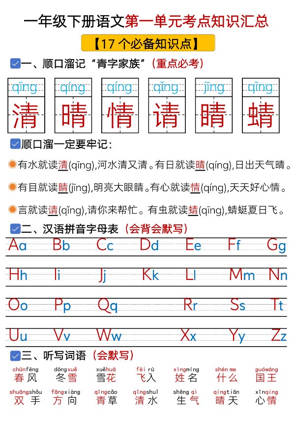 【2026春62页完整版】一（下）语文1-8单元考点总结+练习.pdf-优学中小学教辅网