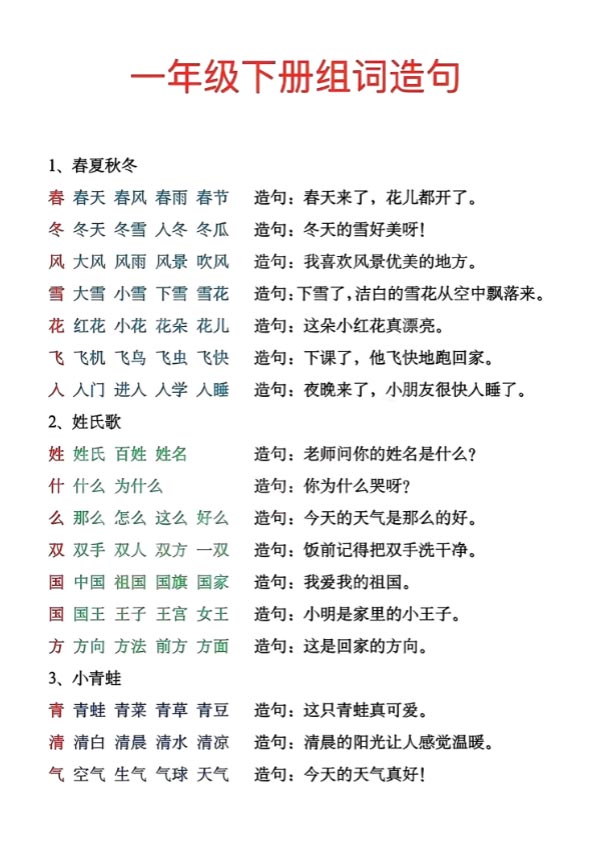 【2026春9页完整版】一年级下册生字组词造句.pdf-优学中小学教辅网