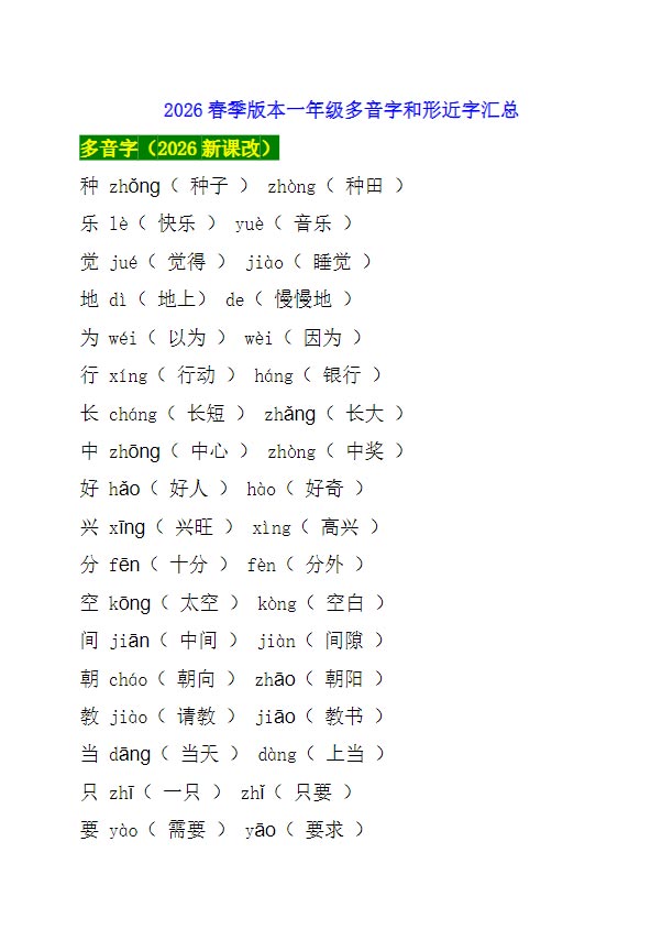 2026春新版一年级语文考试常考多音字和形近字汇总.pdf-优学中小学教辅网