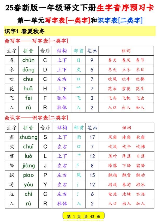 43页 新一年级语文下册生字音序预习卡.pdf-优学中小学教辅网