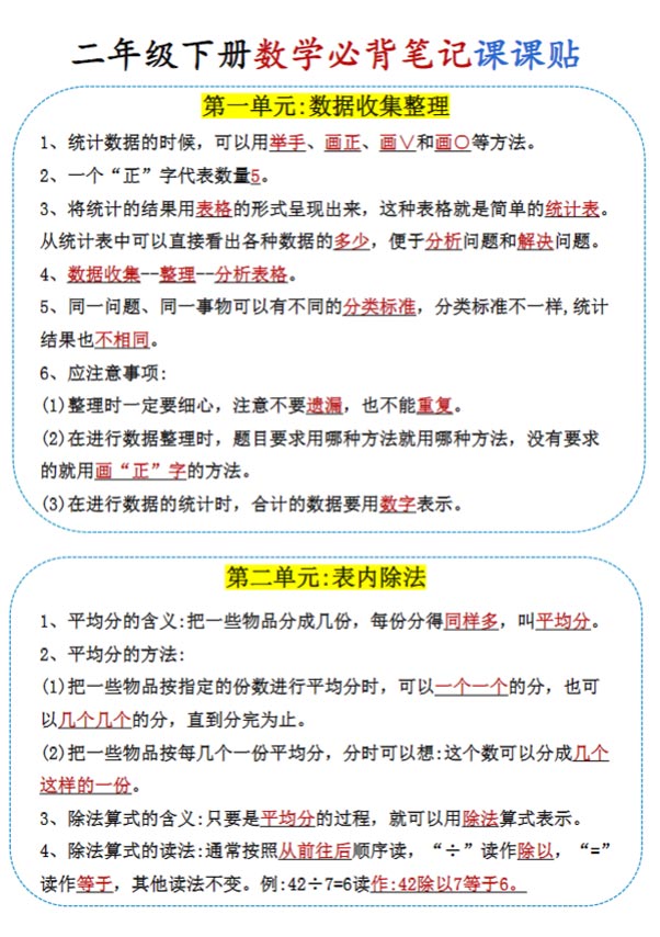 【6页高清完整版】二年级下册数学课课贴.pdf-优学中小学教辅网