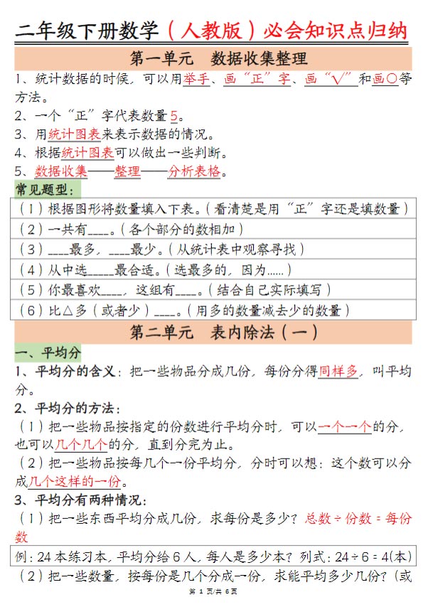 【6页高清完整版】二下数学人教版必会知识点归纳总结.pdf-优学中小学教辅网