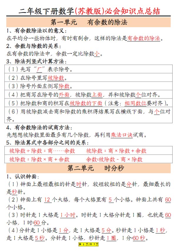 【2026春7页完整版】【苏教数学知识点汇总整理】二下数学.pdf-优学中小学教辅网