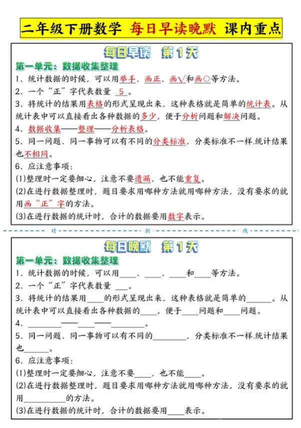 【14页高清完整版】二下数学 人教版【每日晨读晚默-重点知识点】.pdf-优学中小学教辅网