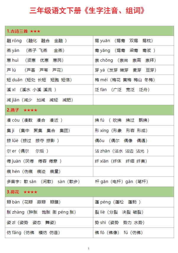 《2025春新课改生字注音组词】》三下语文.pdf-优学中小学教辅网