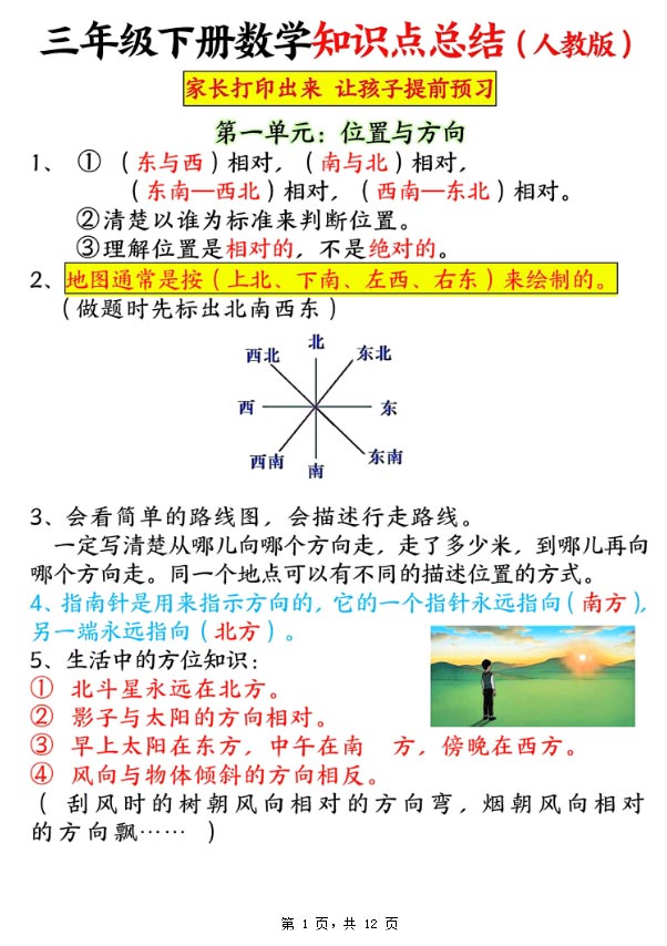 三下数学知识点总结（人教版12页）.pdf-优学中小学教辅网