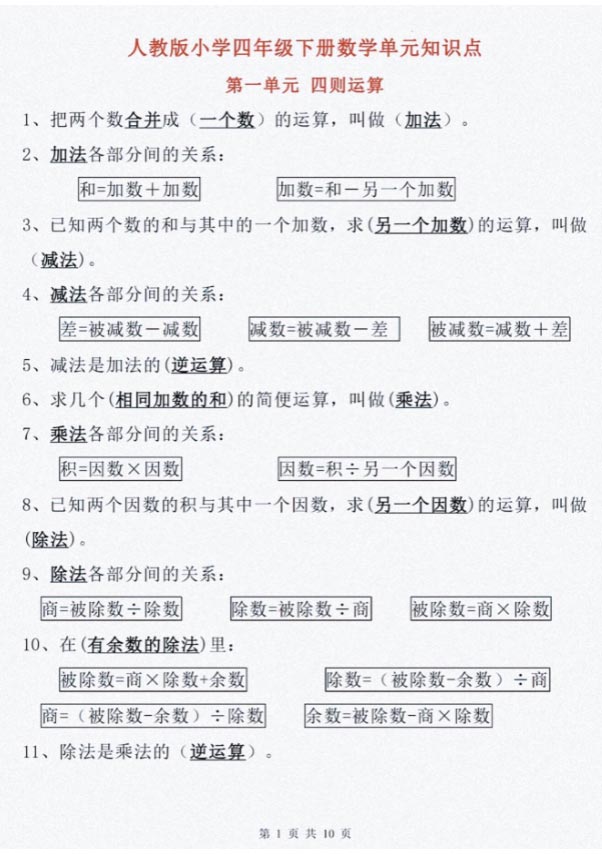 四年级下册数学单元知识点归纳总结.pdf-优学中小学教辅网