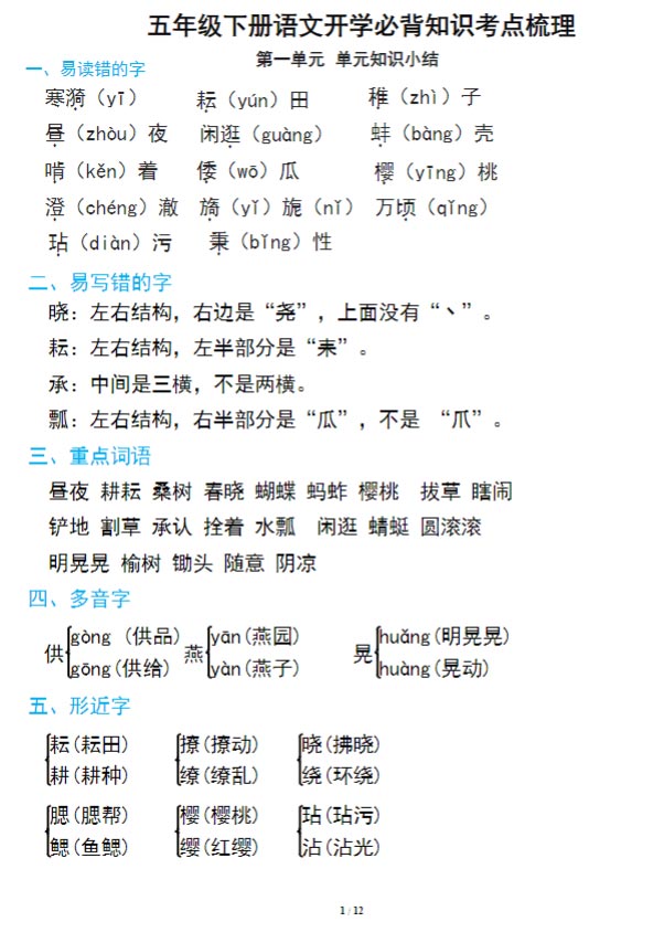 五年级下册语文开学必背知识考点梳理.pdf-优学中小学教辅网