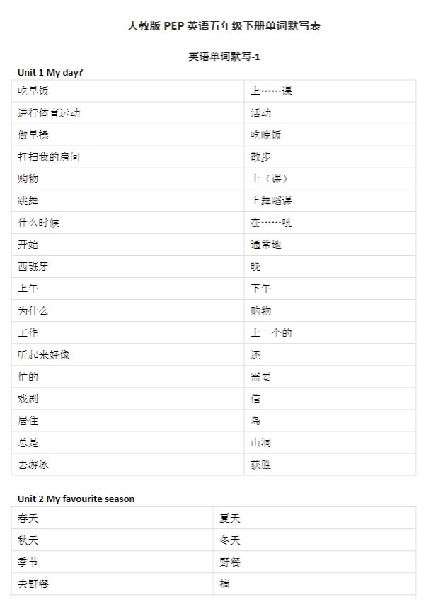 【小学英语】五年级下册单词默写表（人教PEP版）.docx-优学中小学教辅网