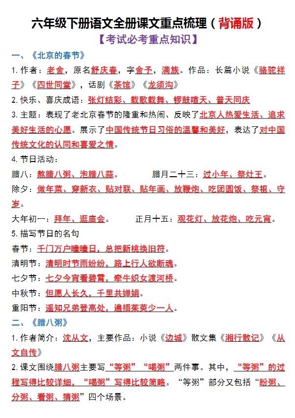 六年级下册语文全册课文重点梳理.pdf-优学中小学教辅网