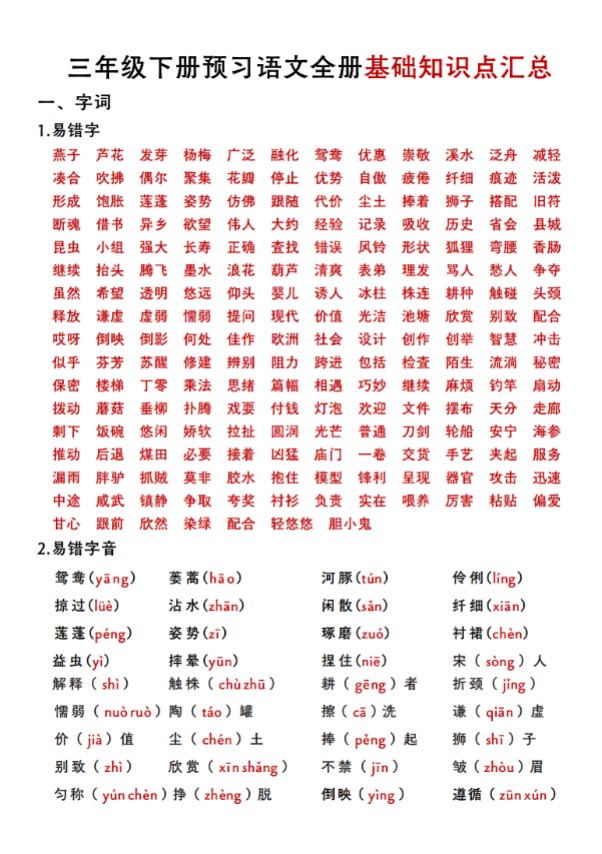 全册基础知识点汇总 三下语文 12页.pdf-优学中小学教辅网