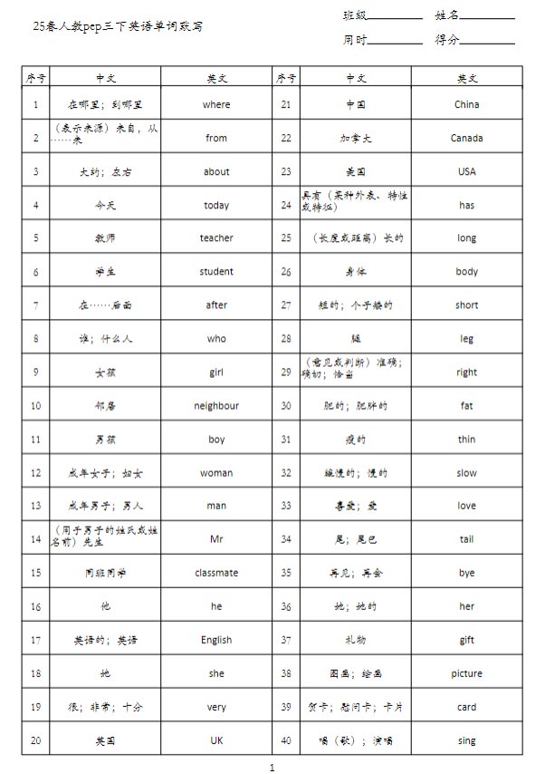 人教pep三下册英语单词背诵表.pdf-优学中小学教辅网
