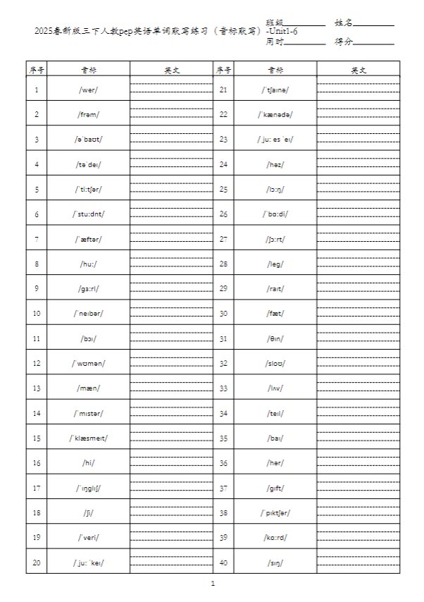 三下人教pep英语单词默写练习（音标默写）-Unit1-6.pdf-优学中小学教辅网