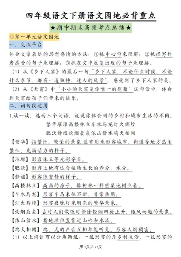 -四（下）语文园地必背重点.pdf-优学中小学教辅网