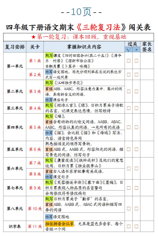 【期末三轮复习法闯关表】四下语文.pdf-优学中小学教辅网